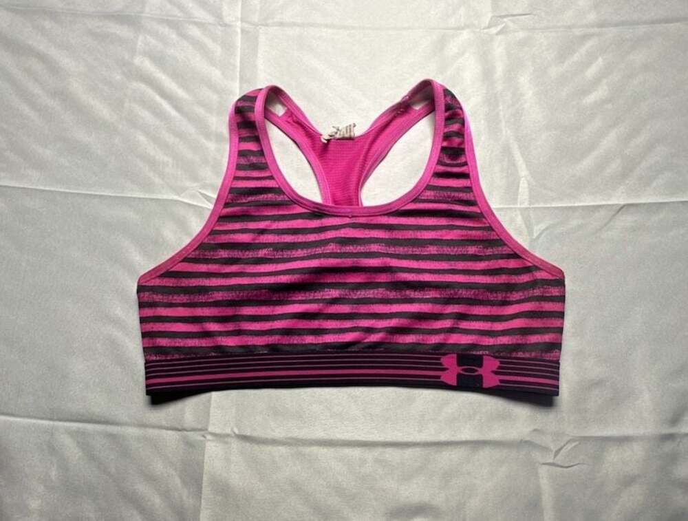 Under Armour Girls XL Pink Gray Stripe Sports Bra Racerback Athletic Compression